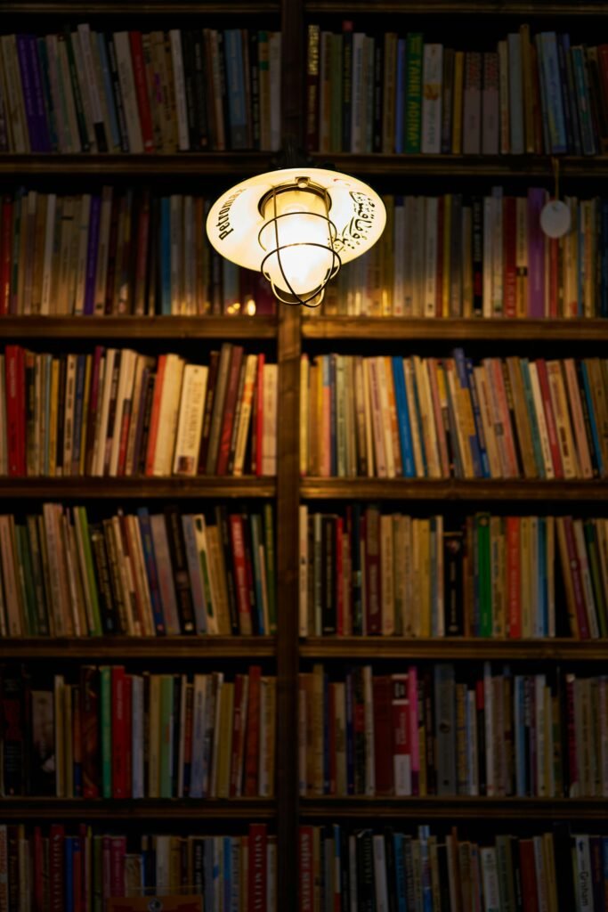 I light hanging in front of a shelf full of books